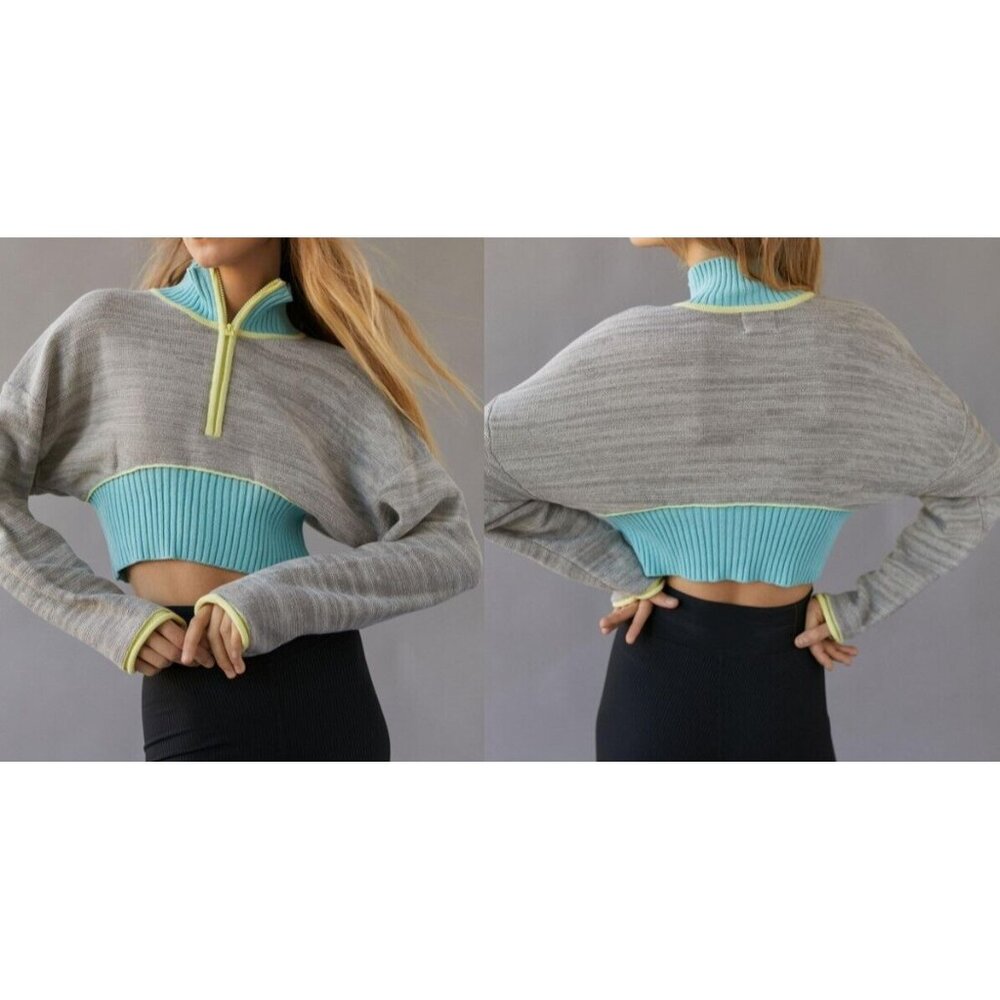 Urban Outfitters BDG Keegan LS Sweater Half-Zip Cropped Sz S Gray Blue NWT